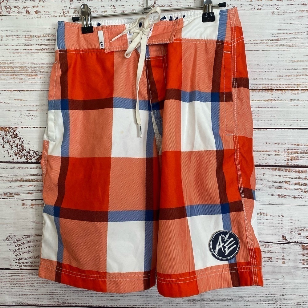 American eagle plaid Orange size XS drawstring‎ waist board swimming shorts
